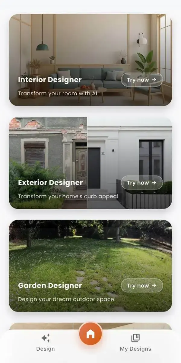 DecorAI mobile app preview — AI interior design app home screen